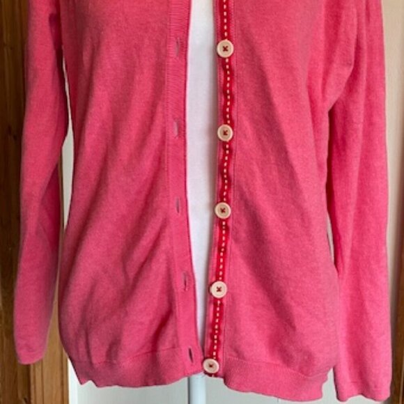 BODEN Pink Red Grosgrain Placket Button Cotton Long Sleeve Cardigan Swea… - Picture 5 of 15